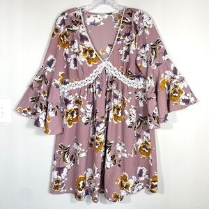 Umgee Floral Babydoll Dress | Boho Lace Trim Pink Tunic | Medium